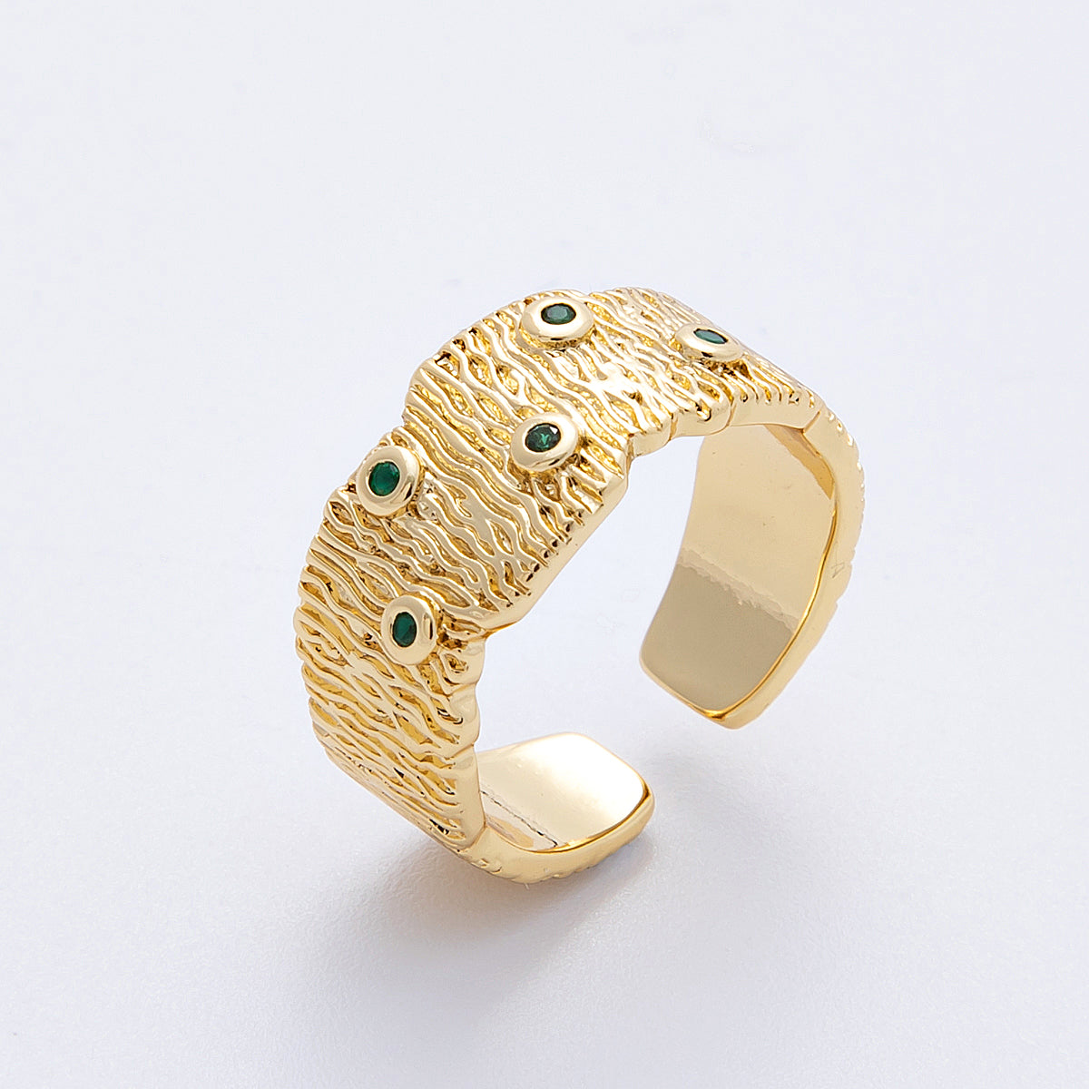 16K Gold Filled Green CZ Dotted Textured Ribbed Wide Band Ring | Rings-00032