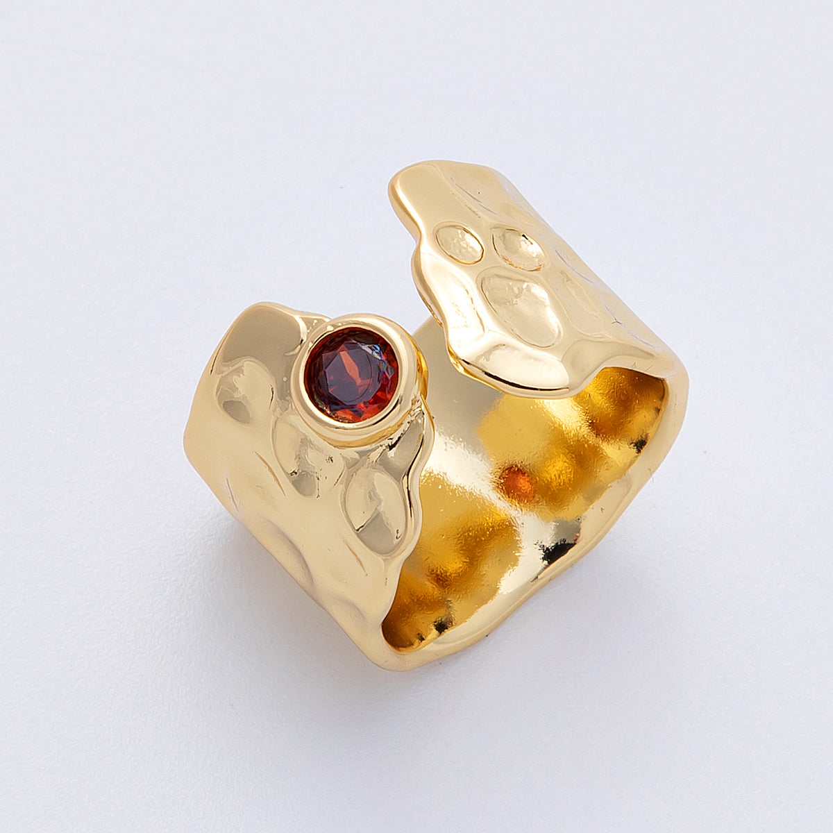 16K Gold Filled Red CZ Hammered Wide Wrap Ring | Rings-00034