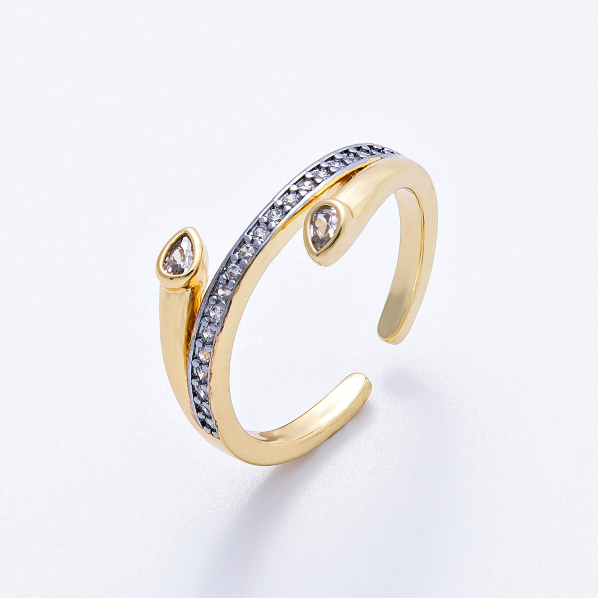 18K Gold Filled Mixed Metal Triple Row CZ Bypass Ring | Rings-00038