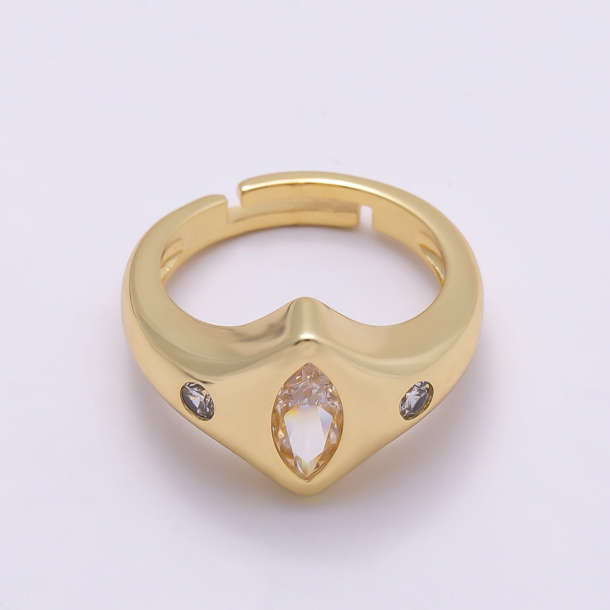 16K Gold Filled Clear Marquise CZ Dotted Chevron Signet Adjustable Ring | Rings-00122