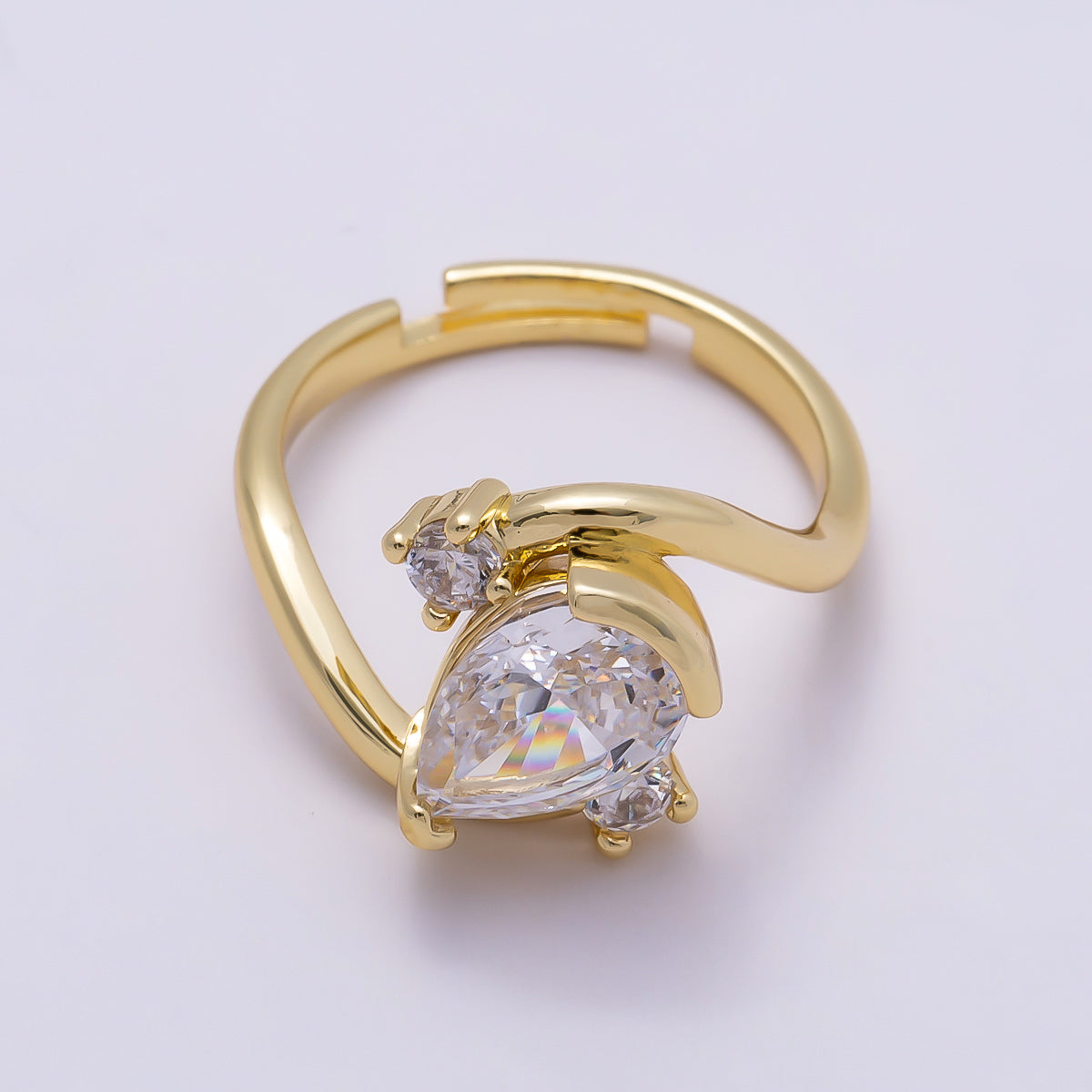 16K Gold Filled Clear Teardrop CZ Curved Solitaire Ring in Gold & Silver | Rings-00123 Rings-00171