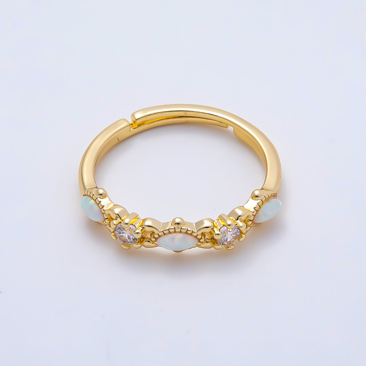 16K Gold Filled Clear CZ White Opal Gemstone Adjustable Ring | Rings-00141
