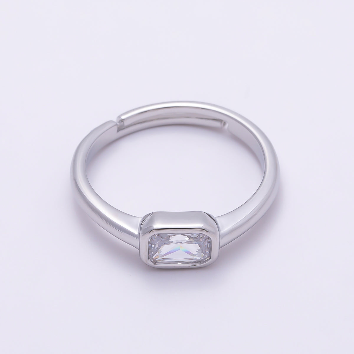16K Gold Filled Clear Baguette CZ Bezel Solitaire Adjustable Ring in Gold & Silver | Rings-00145 Rings-00146