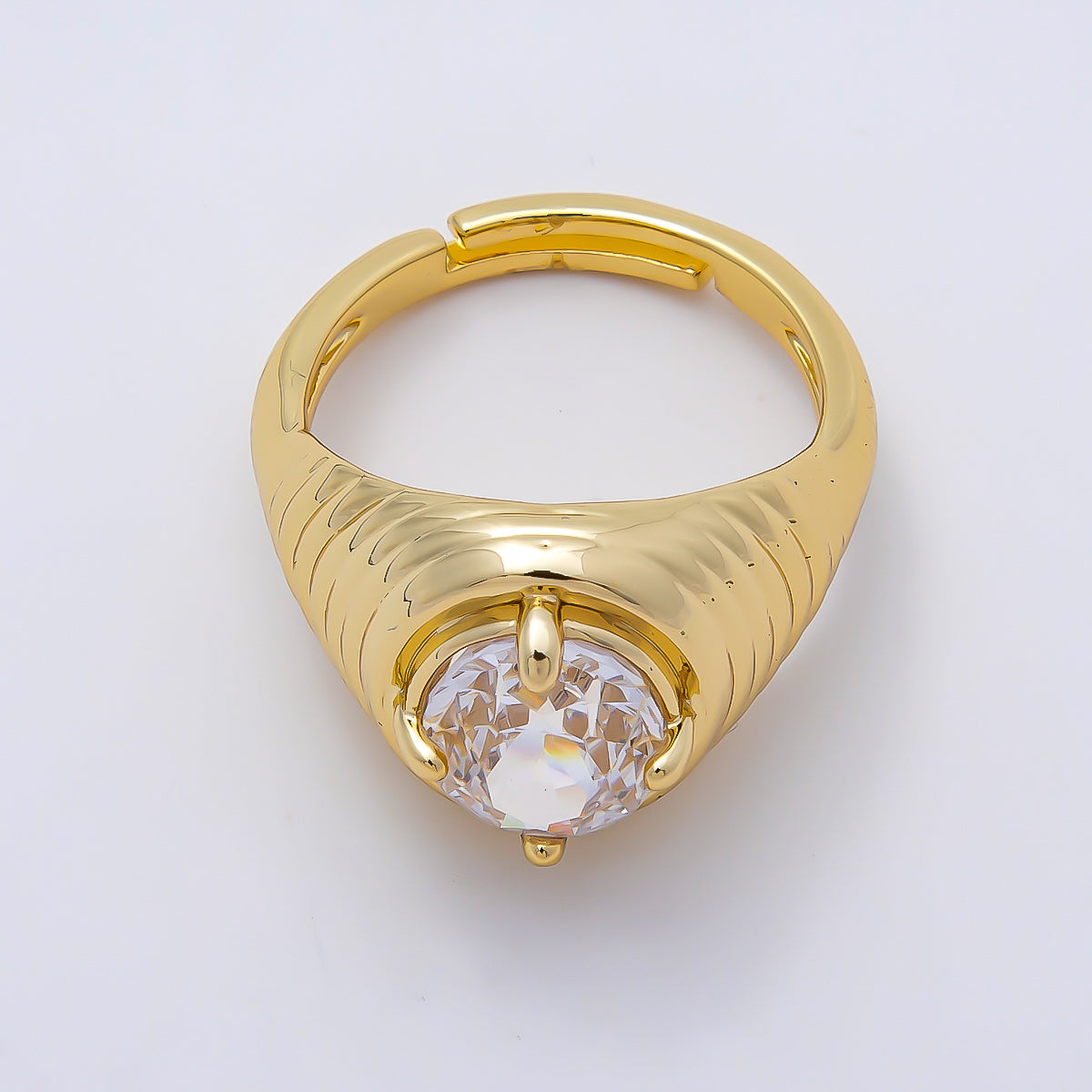 16K Gold Filled Clear CZ Round Solitaire Ribbed Signet Ring | Rings-00169