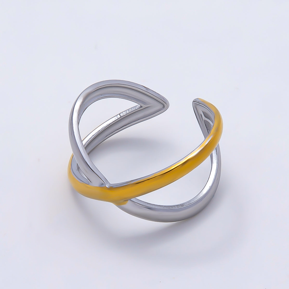 Stainless Steel Minimalist Mixed Metal X Crossed Double Band Ring | Rings-00176