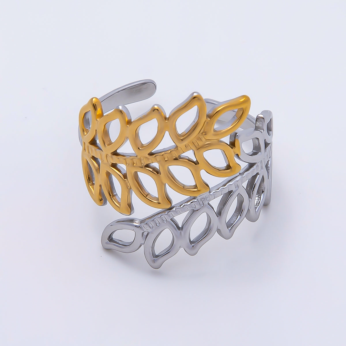 Stainless Steel Mixed Metal Natural Olive Leaf Open Wide Ring | Rings-00178