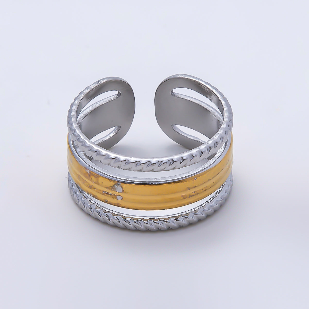 Stainless Steel Mixed Metal Wide Croissant Triple Band Ring | Rings-00180