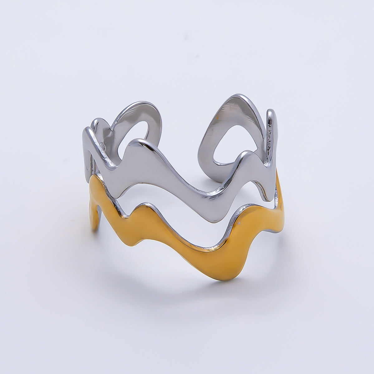 Stainless Steel Mixed Metal Geometric Curve Wave Double Band Ring | Rings-00191