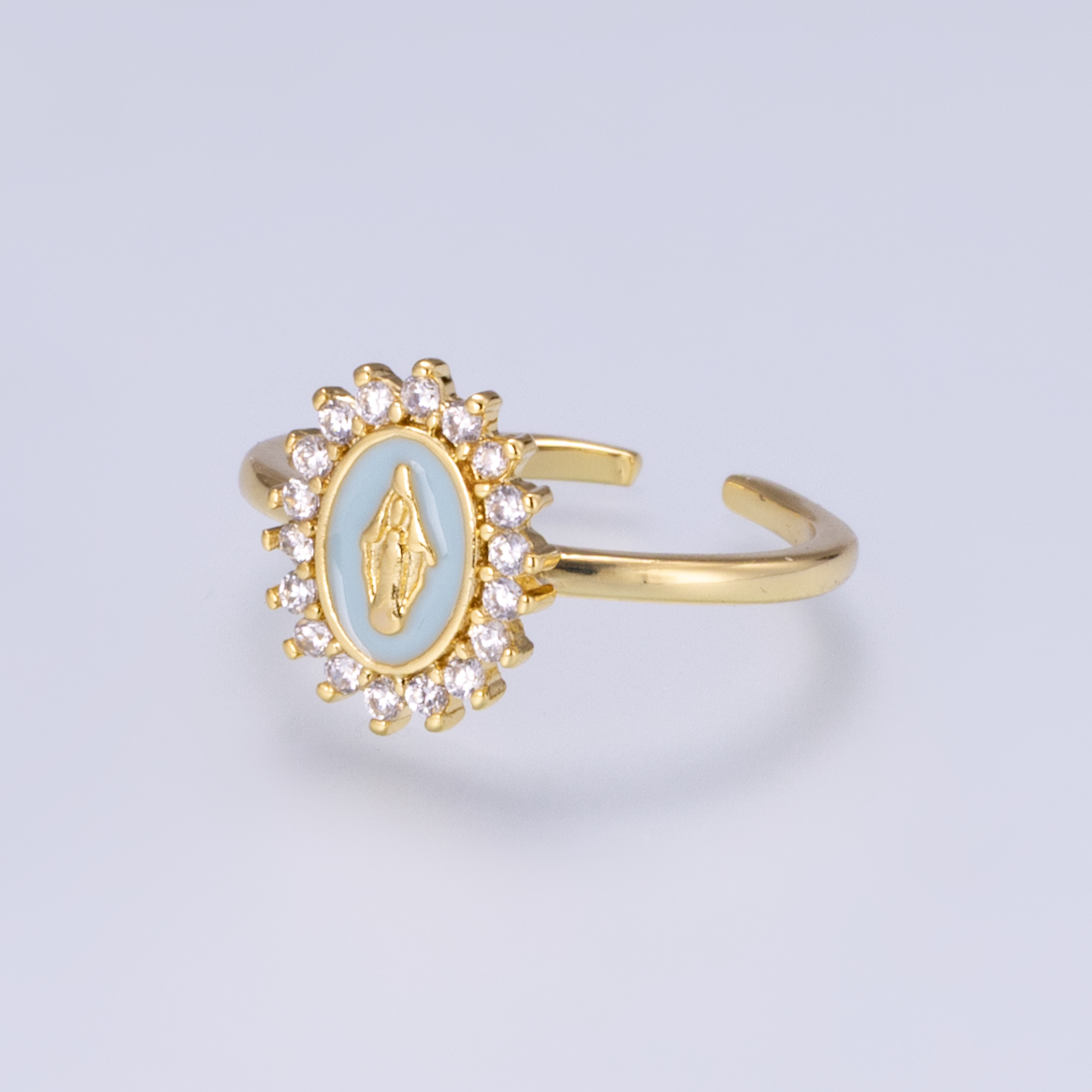 18K Gold Filled CZ Blue Enamel Mother Mary Oval Ring | Rings-00269