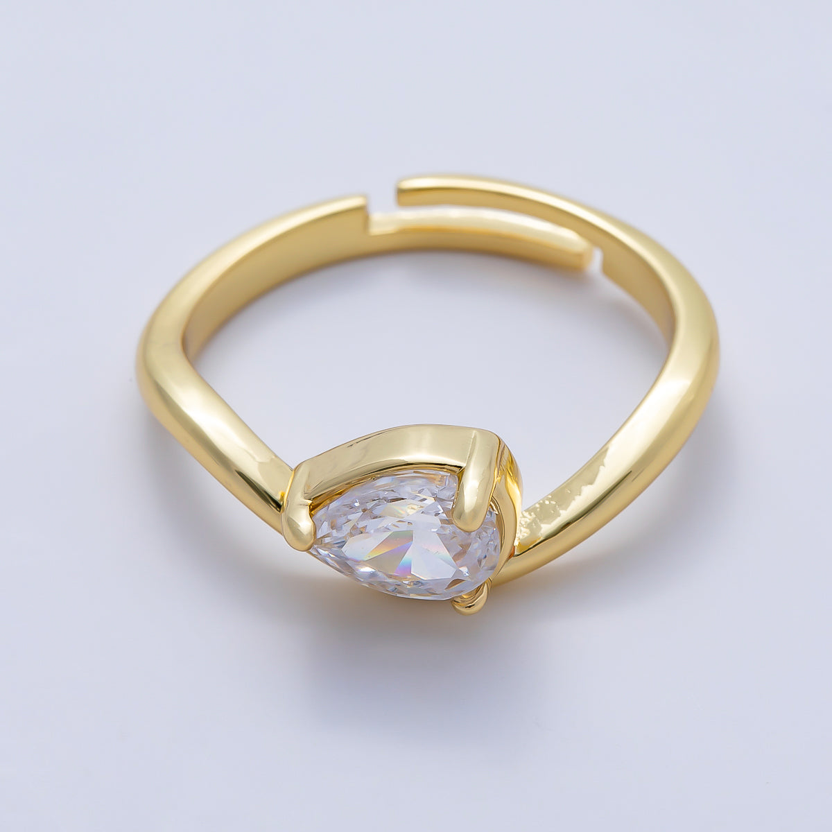16K Gold Filled Clear CZ Teardrop Curved Solitaire Pinky Ring | Rings-00275