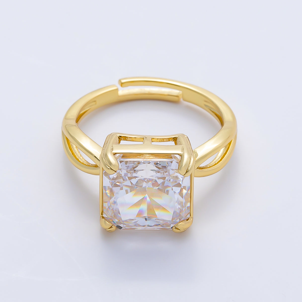 16K Gold Filled Clear CZ Baguette Square Prong Solitaire Ring | Rings-00278