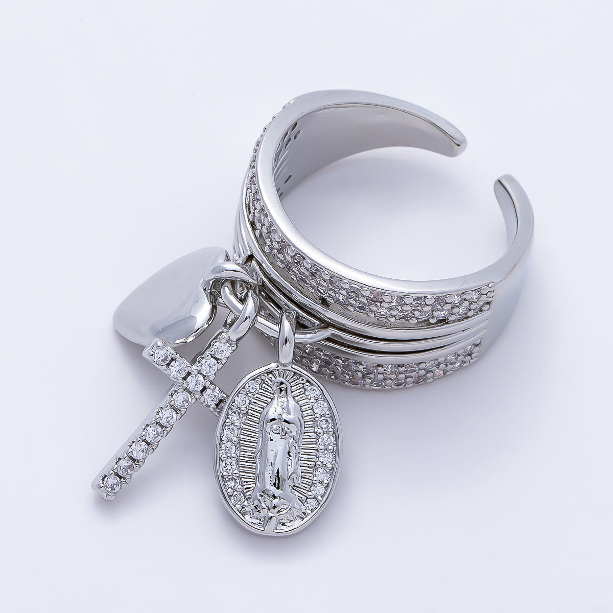16K Gold Filled Micro Paved CZ Heart Mary Cross Religious Drop Ring in Gold & Silver | Rings-00281 Rings-00282