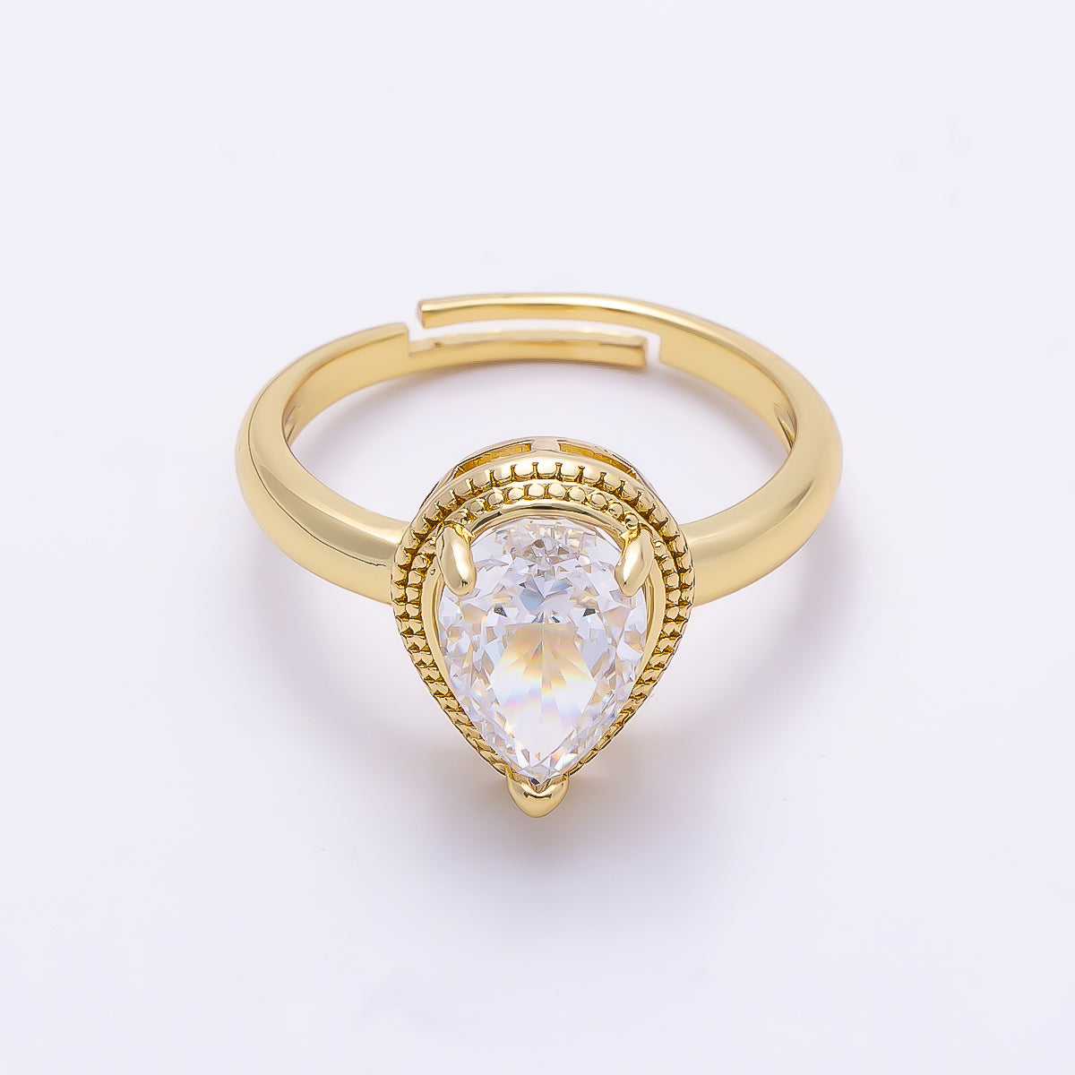 16K Gold Filled Clear CZ Teardrop Bezel Solitaire Ring | Rings-00283