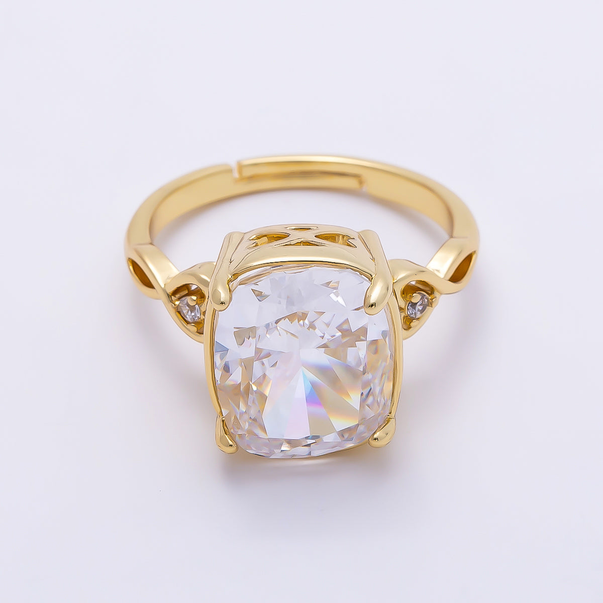 16K Gold Filled Clear CZ Rounded Oval Baguette Prong Solitaire Ring | Rings-00284