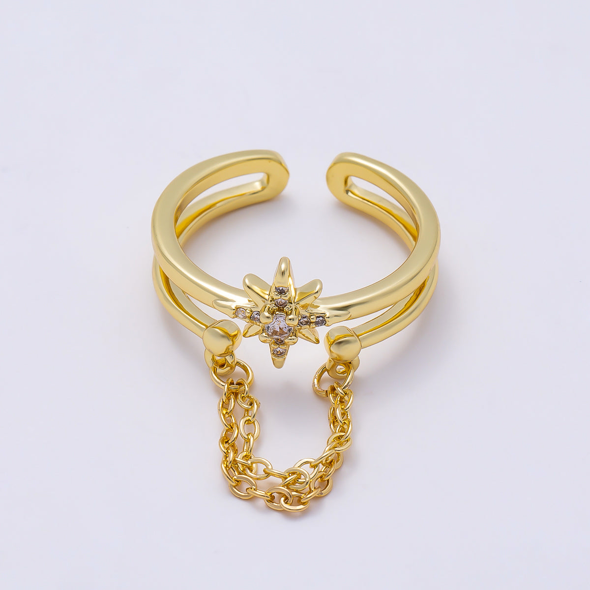 16K Gold Filled CZ Celestial North Star Cable Chain Drop Double Band Ring in Gold & Silver | Rings-00304 Rings-00305