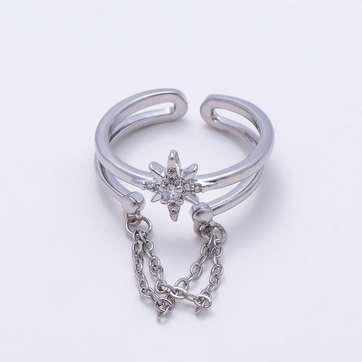 16K Gold Filled CZ Celestial North Star Cable Chain Drop Double Band Ring in Gold & Silver | Rings-00304 Rings-00305
