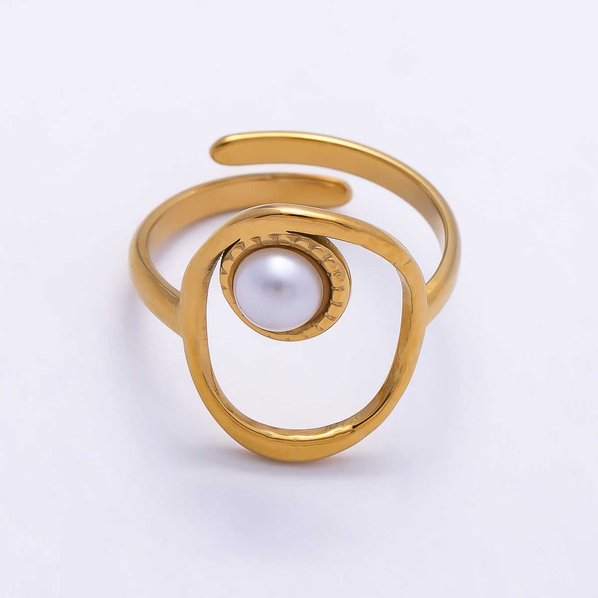 PVD Gold Stainless Steel Shell Pearl Open Molten Oval Bezel Ring | Rings-00310
