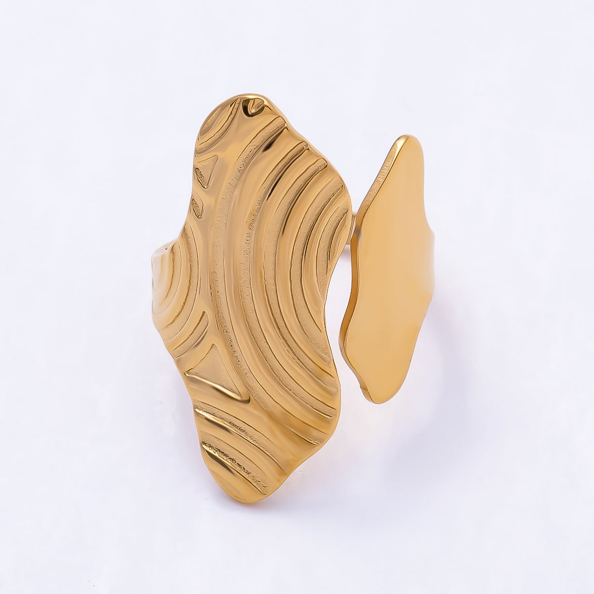 PVD Gold Stainless Steel Round Line Wavy Textured Geometric Wrap Ring | Rings-00314