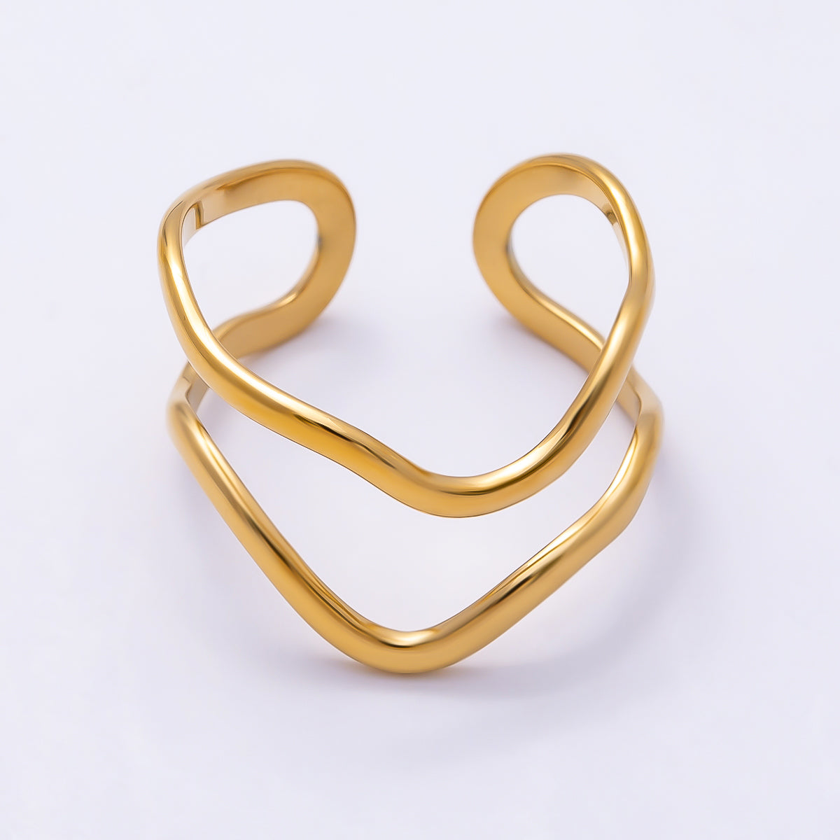 PVD Gold Stainless Steel Minimalist Wavy Double Band Ring | Rings-00316