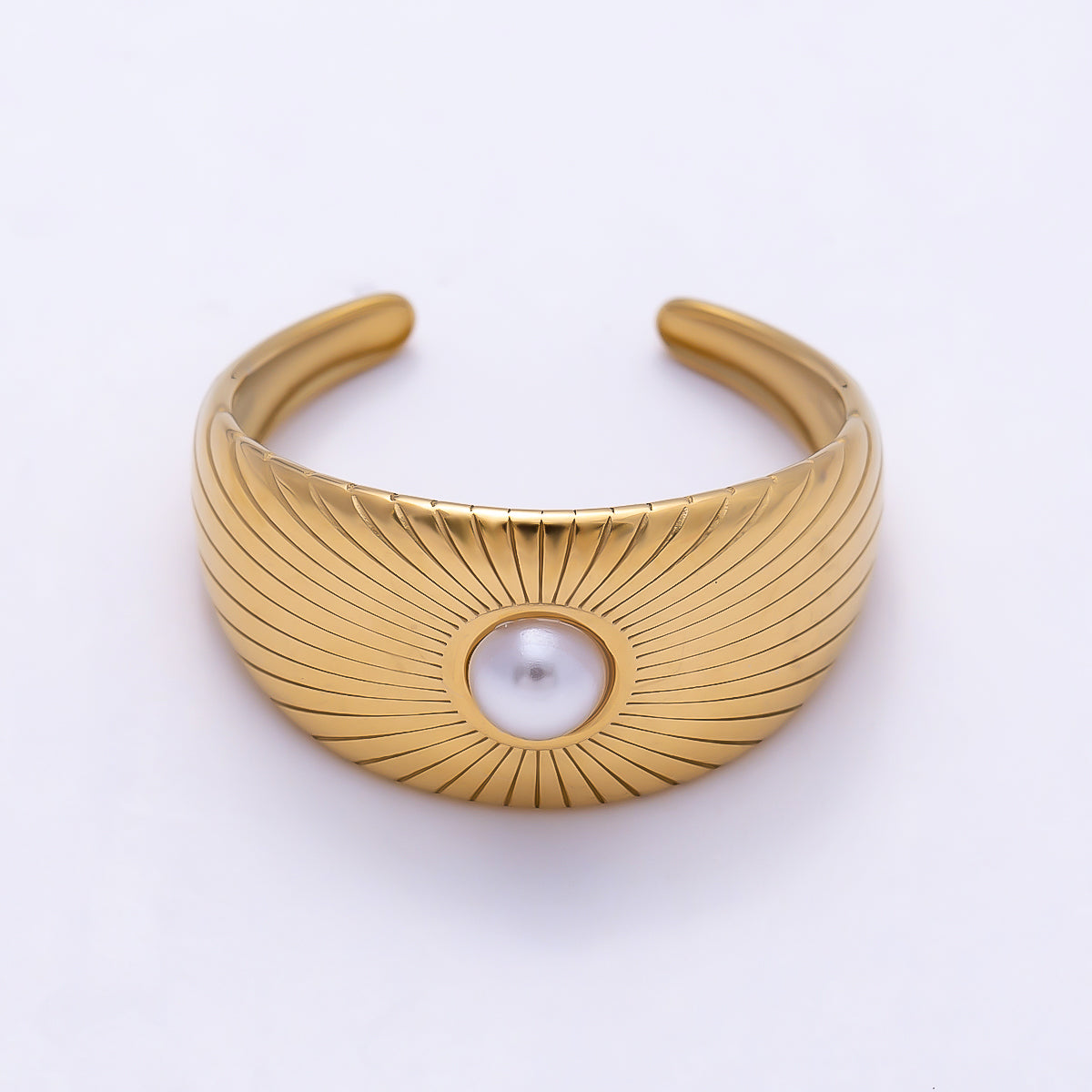 PVD Gold Stainless Steel Shell Pearl Lined Signet Ring | Rings-00321
