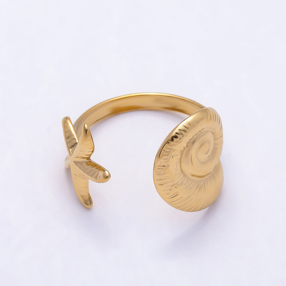 PVD Gold Stainless Steel BEACH Sea Shell Star Fish Minimalist Wrap Ring | Rings-00322