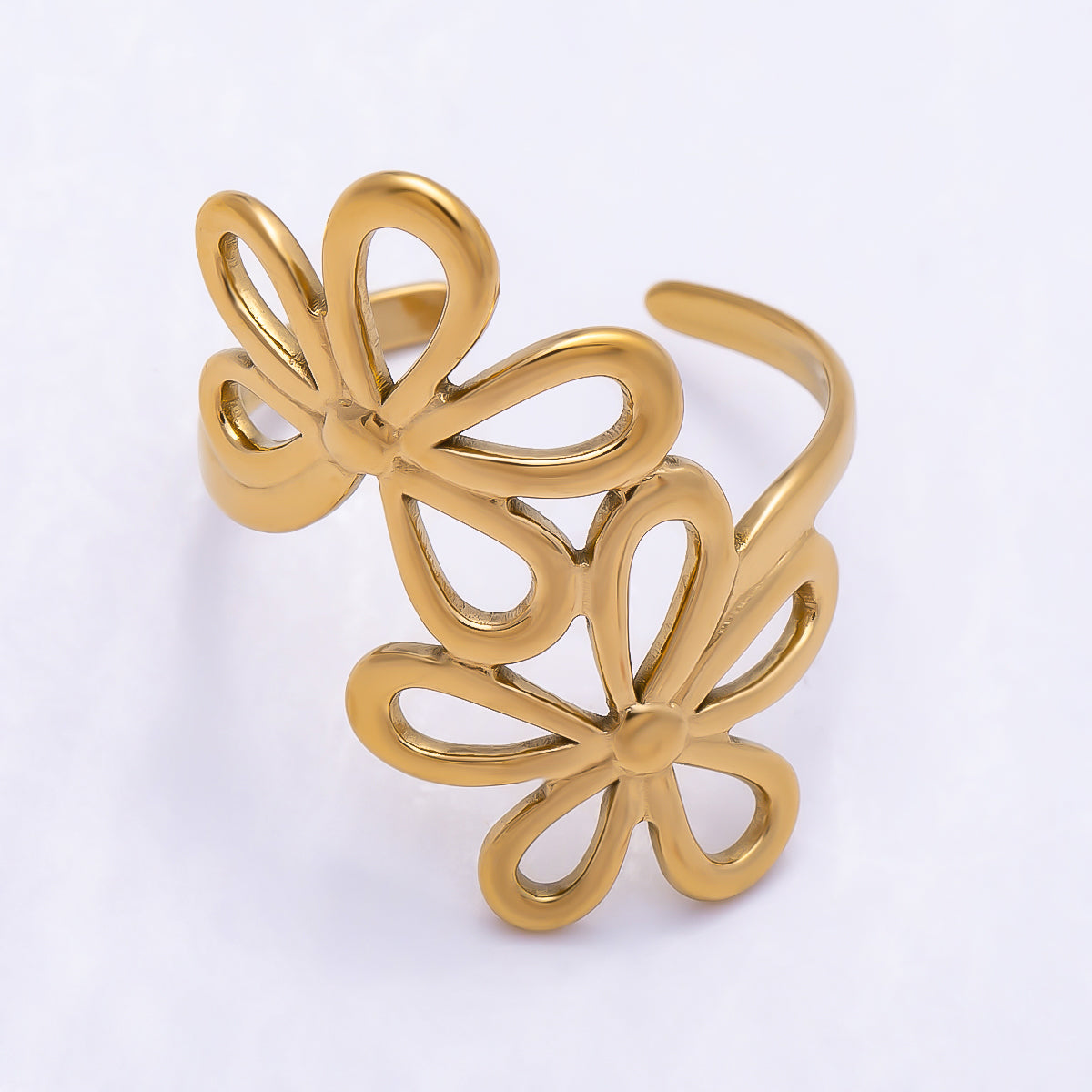 PVD Gold Stainless Steel Double Minimalist Open Bezel Flower Ring | Rings-00326