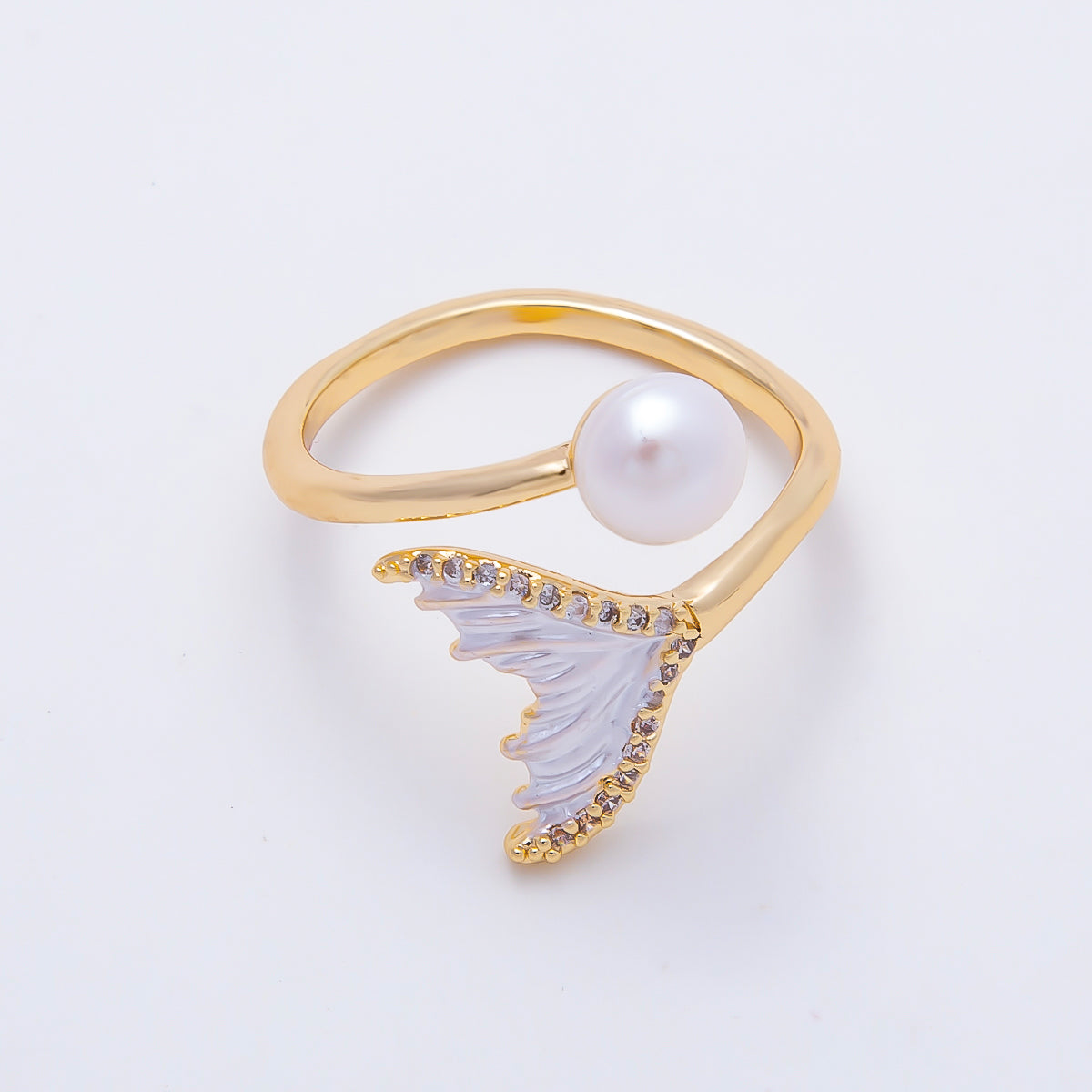 16K Gold Filled Shell Pearl Micro Paved CZ White Enamel Mermaid Tail Ring | Rings-00332