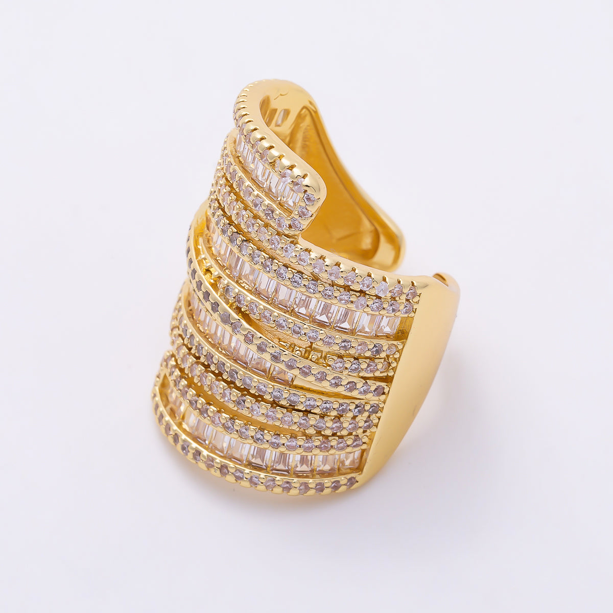 16K Gold Filled Multi-Row Baguette & Round CZ Layered Statement Adjustable Ring | Rings-00347