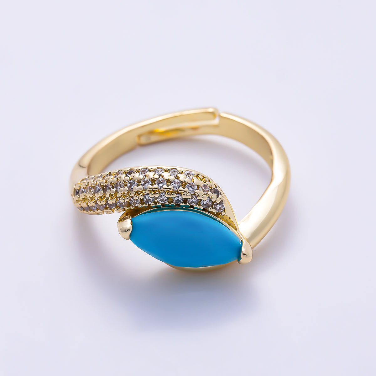 16K Gold Filled Marquise Turquoise Micro Paved CZ Bypass Adjustable Ring | Rings-00371