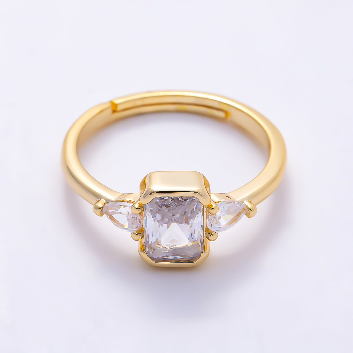 16K Gold Filled Bezel Emerald Cut CZ Three Stone Adjustable Ring | Rings-00376