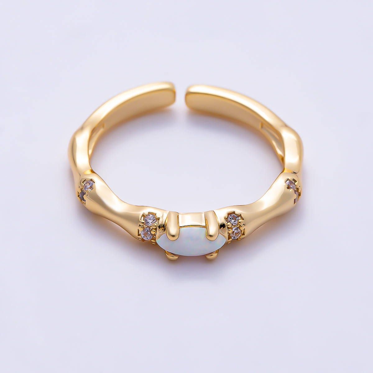 16K Gold Filled Oval White Opal Organic Bamboo Clear CZ Adjustable Ring | Rings-00384