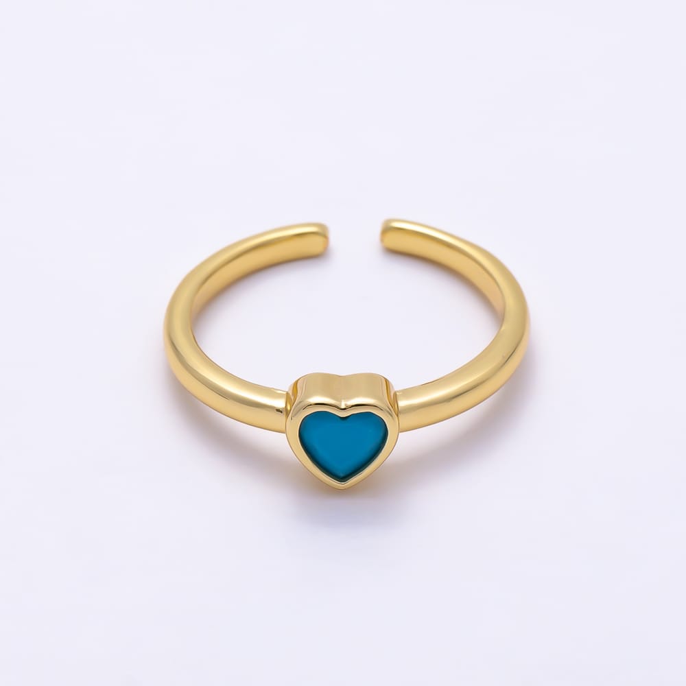 16K Gold Filled Turquoise CZ Heart Solitaire Adjustable Ring | Rings-00390