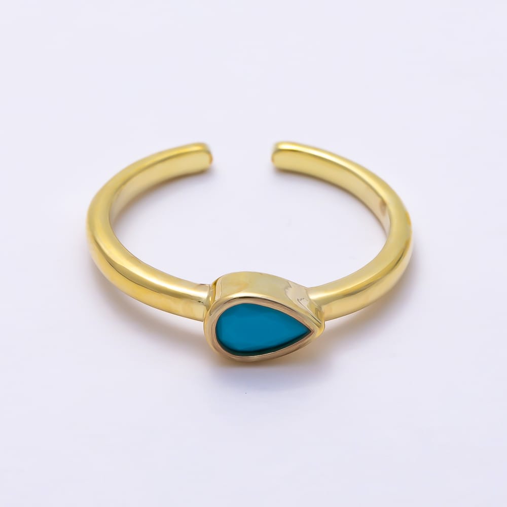 16K Gold Filled Turquoise CZ Teardrop Bezel Open Adjustable Ring | Rings-00393 - Rings-00394