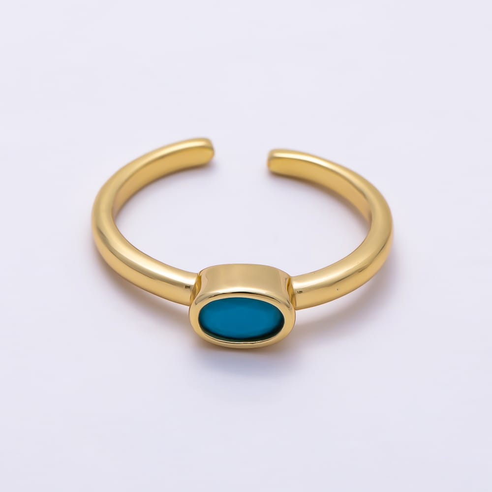 16K Gold Filled Turquoise Oval CZ Solitaire Open Adjustable Ring | Rings-00397 - Rings-00398