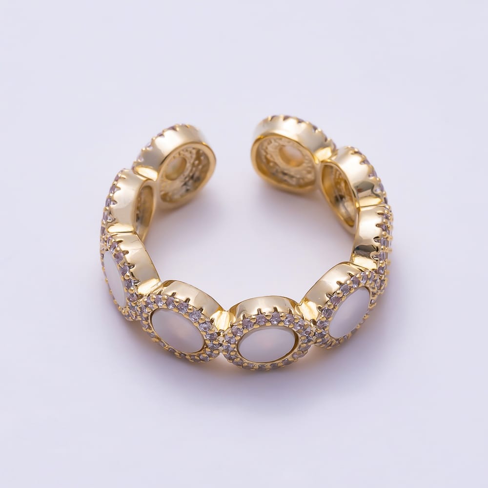 16K Gold Filled White Mother of Pearl Micro Paved CZ Open Band Adjustable Ring | Rings-00399 - Rings-00400