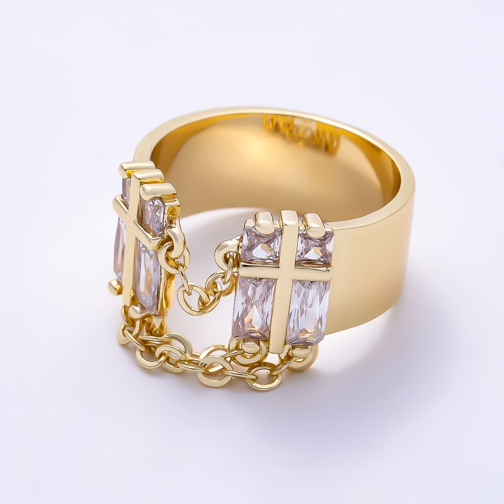 16K Gold Filled Clear Baguette CZ Open Front Double Cross Ring | Rings-00406