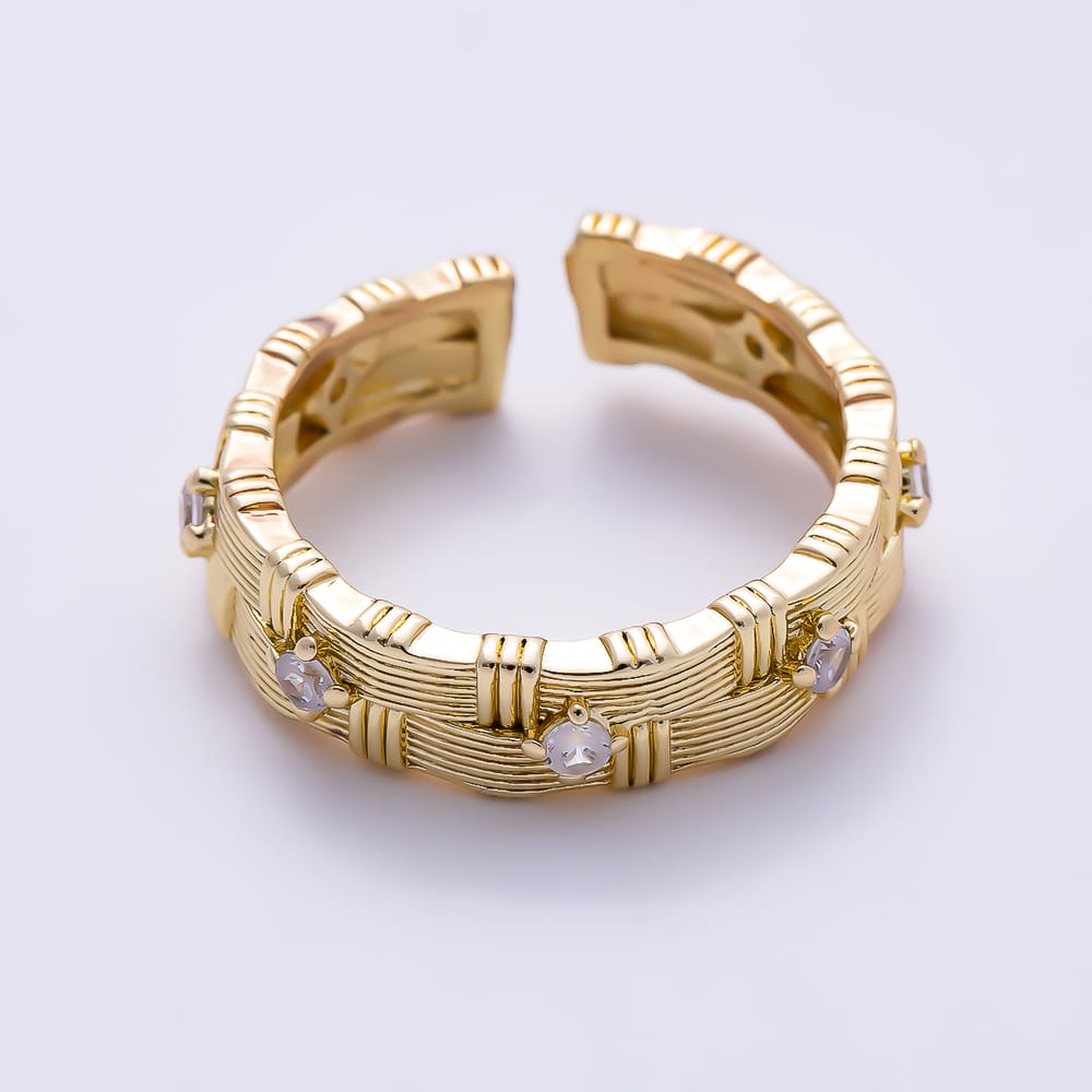 16K Gold Filled Clear Beaded CZ Brushed Woven Lattice Adjustable Ring | Rings-00408