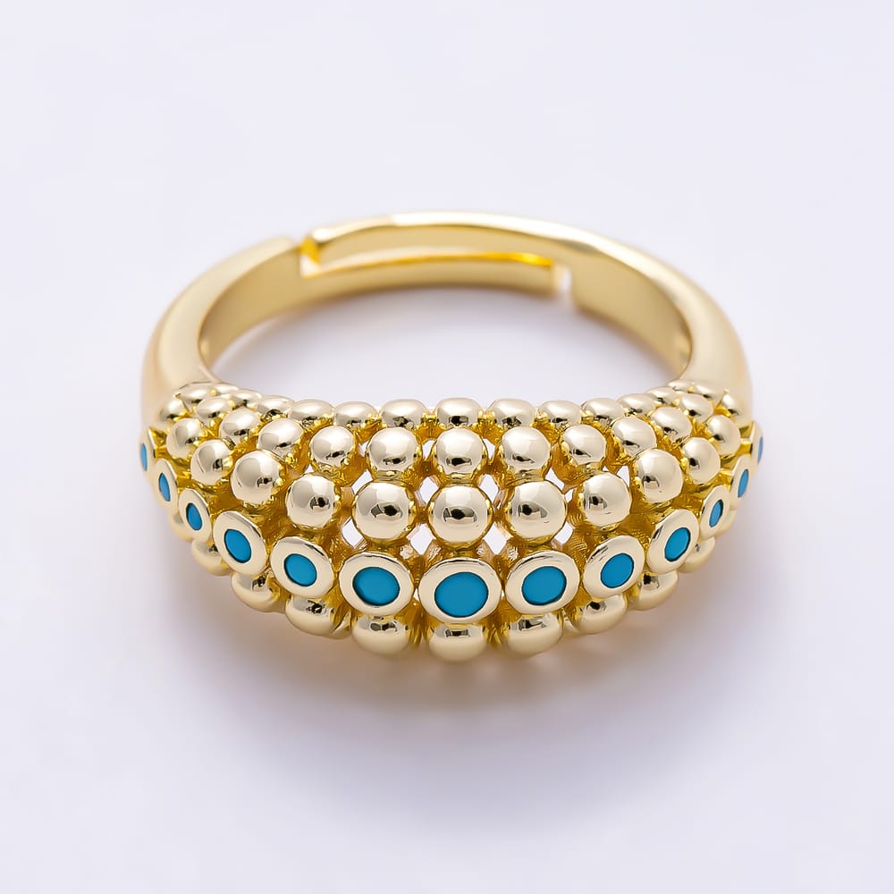 16K Gold Filled Turquoise Micro Paved CZ Multi-Row Beaded Bubble Dome Adjustable Ring | Rings-00409