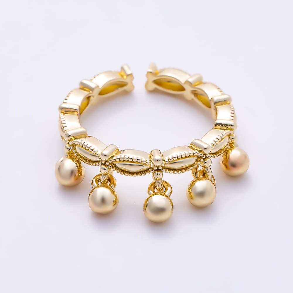 16K Gold Filled Beaded Edge Open Ring Hanging Ball Adjustable Ring | Rings-00410