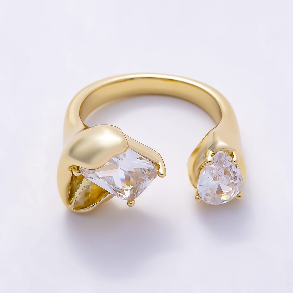 16K Gold Filled Dual Stone CZ Organic Molten Statement Adjustable Ring | Rings-00411