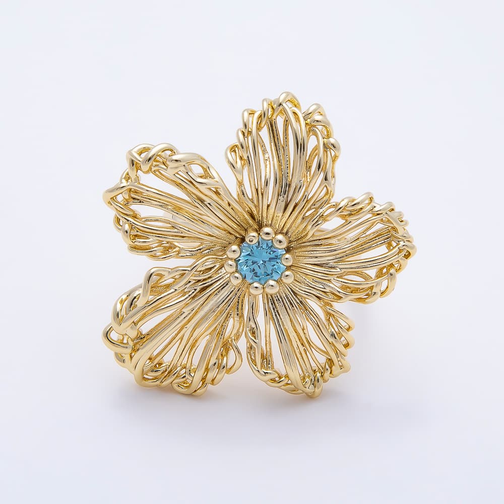 16K Gold Filled Green, Blue CZ Hollow Wire Filigree Flower Statement Adjustable Ring | Rings-00412 - Rings-00413