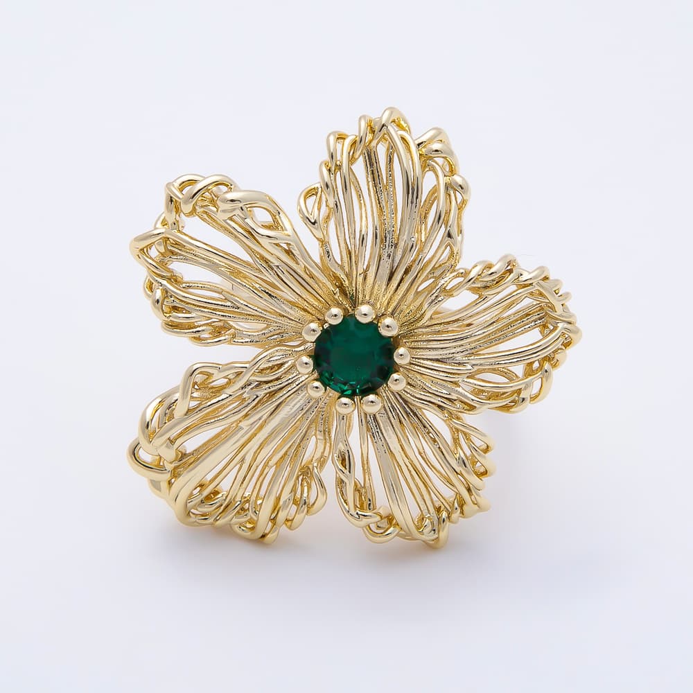 16K Gold Filled Green, Blue CZ Hollow Wire Filigree Flower Statement Adjustable Ring | Rings-00412 - Rings-00413