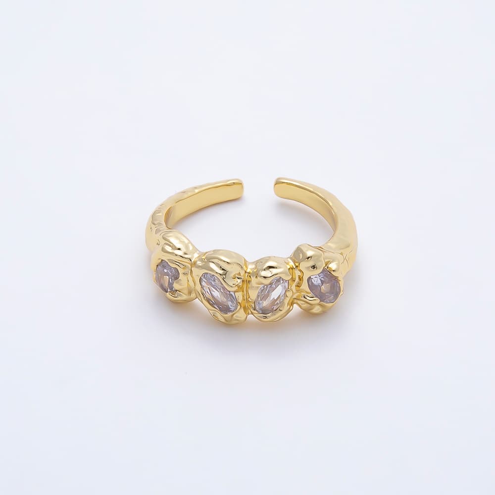 16K Gold Filled Clear Oval CZ Irregular Organic Molten Open Adjustable Ring | Rings-00414