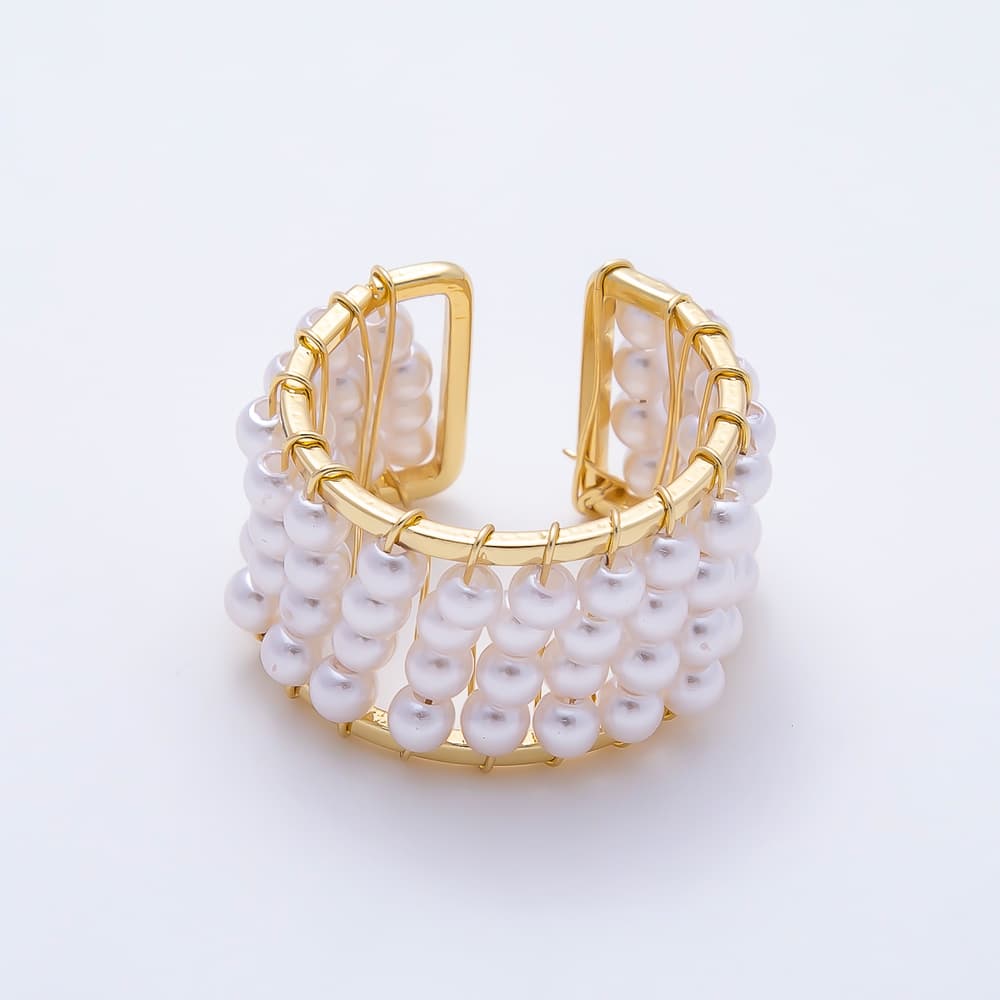 16K Gold Filled White Shell Pearl Wide Wire Wrapped Multi-Row Adjustable Ring | Rings-00415