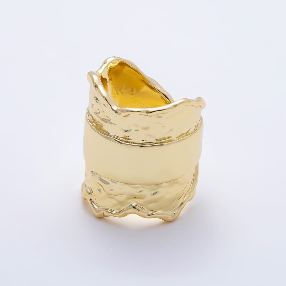 16K Gold Filled Wide Hammered Organic Texture Chunky Statement Adjustable Ring | Rings-00416