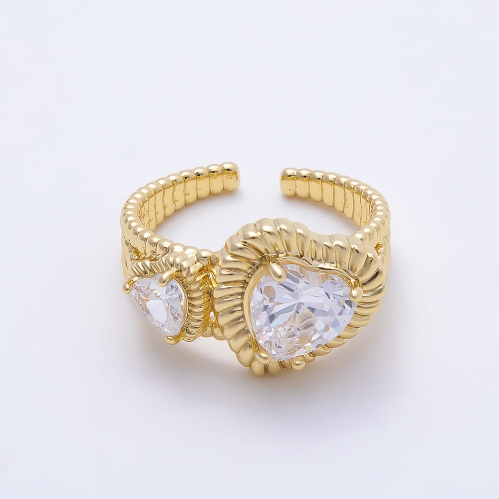 16K Gold Filled Clear CZ Ribbed Textured Double Heart Open Adjustable Ring | Rings-00417