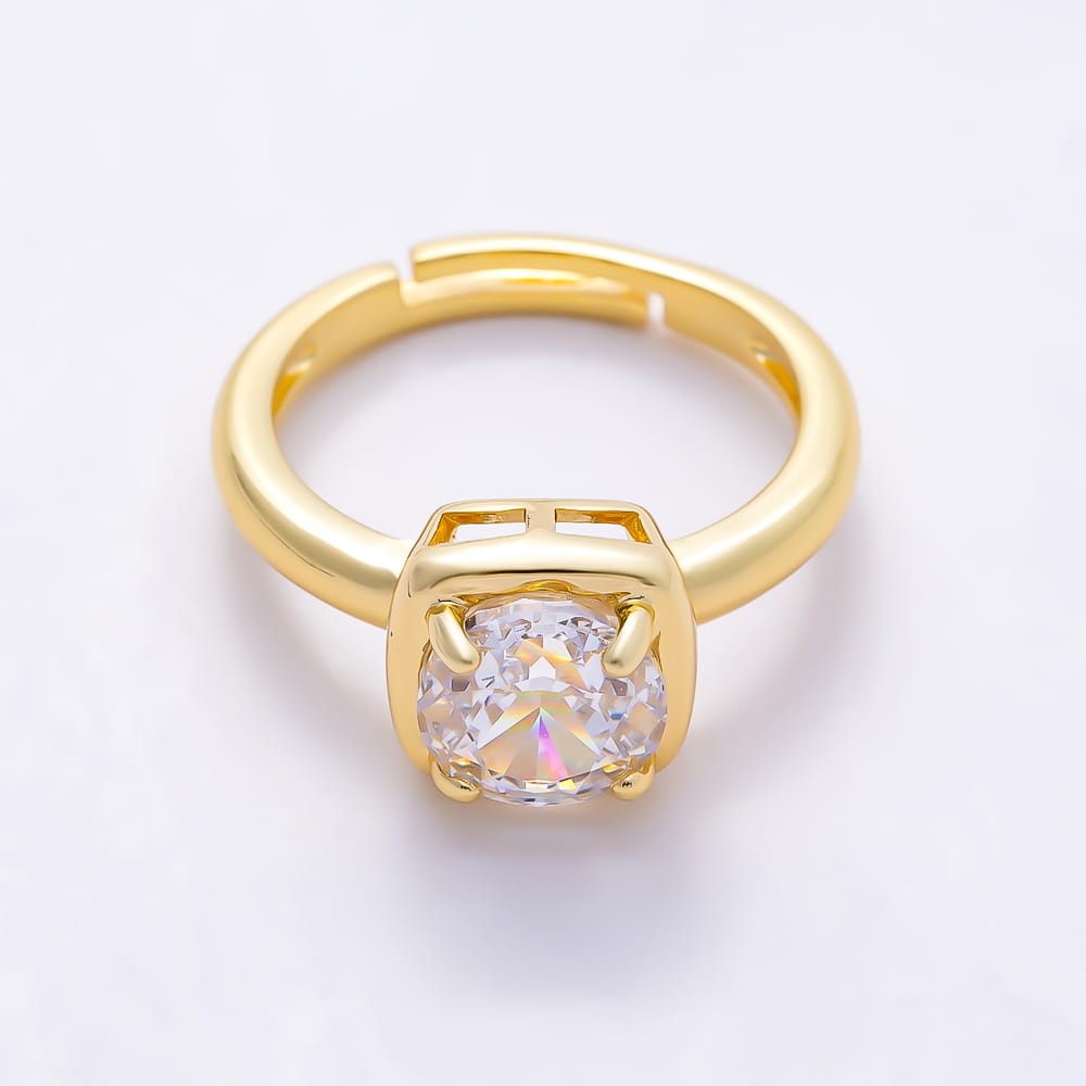16K Gold Filled Round Solitaire CZ Square Bezel Adjustable Ring | Rings-00418