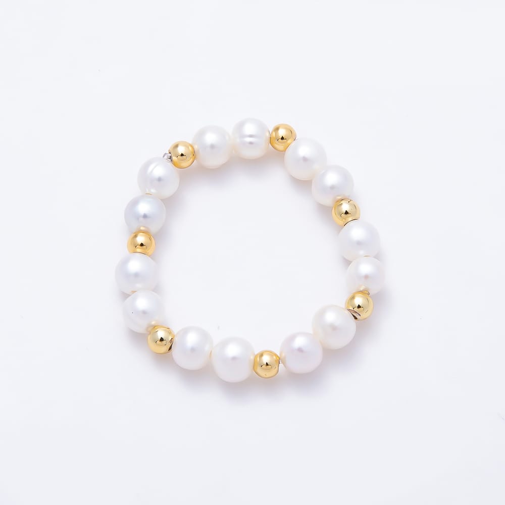16K Gold Filled Natural Freshwater Round Pearl Beaded Stretch Ring | Rings-00420