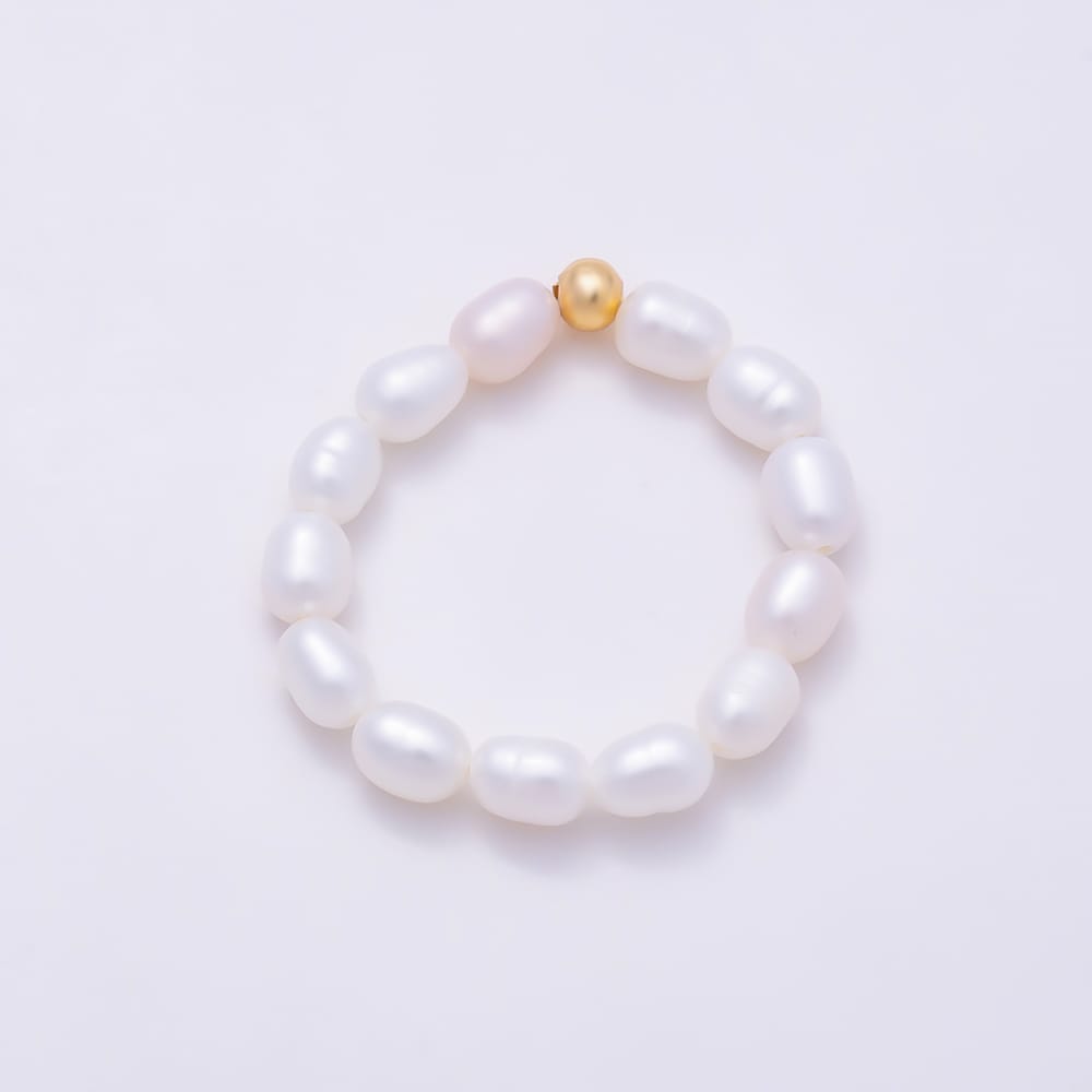 16K Gold Filled White Freshwater Pearl Ringed Oval Bead Adjustable Stretch Ring | Rings-00421