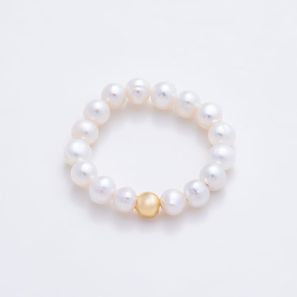 16K Gold Filled White Shell Pearl Round Bead Adjustable Stretch Ring | Rings-00422
